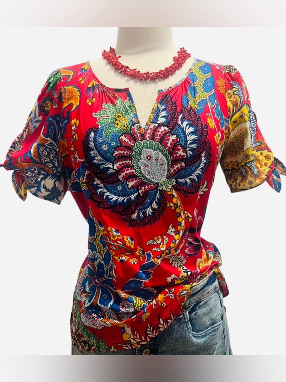 NWOT-TALBOT’S- Red Floral V-Neck Puff Sleeve Top